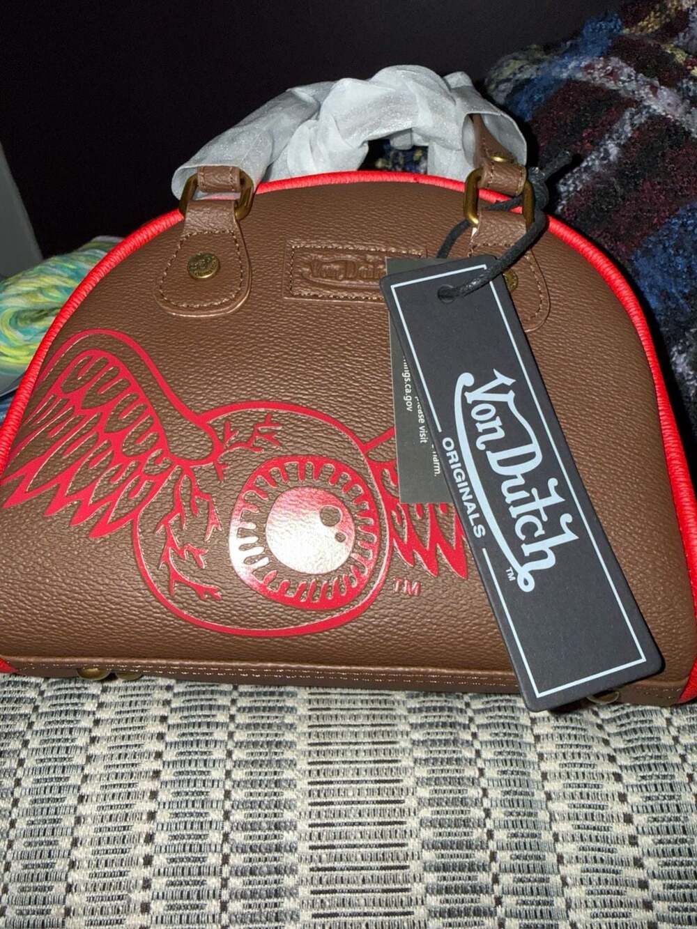 Von Dutch Originals Brown and Red Winged Eye Bowling Bag